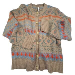 Wishlist Chunky Knit Fair Isle Cardigan Sweater Women's L Brown Relaxed Fit